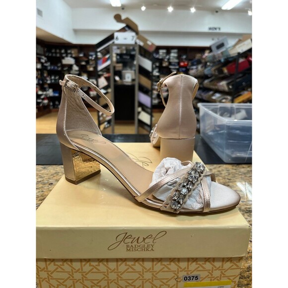 Jewel Badgley Mischka Giona Embellished Evening Block Heels Champagne Satin 9M - Picture 1 of 9